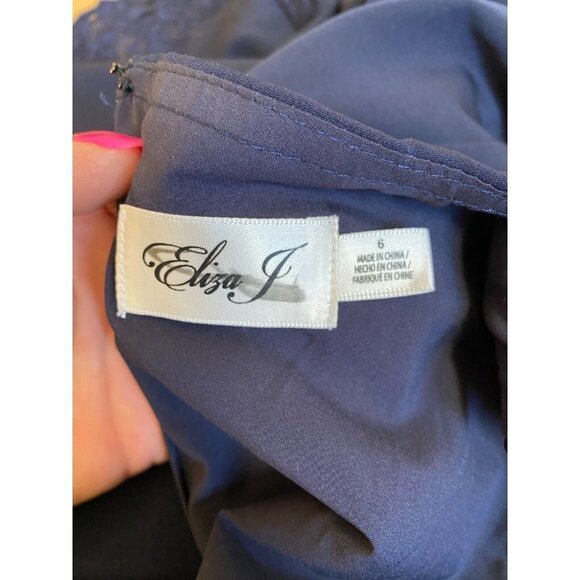 ELIZA J. BNWOT Womens V-Neck Lace Detail Sz 6 Full Length Formal Dress Navy Blue - Picture 9 of 10